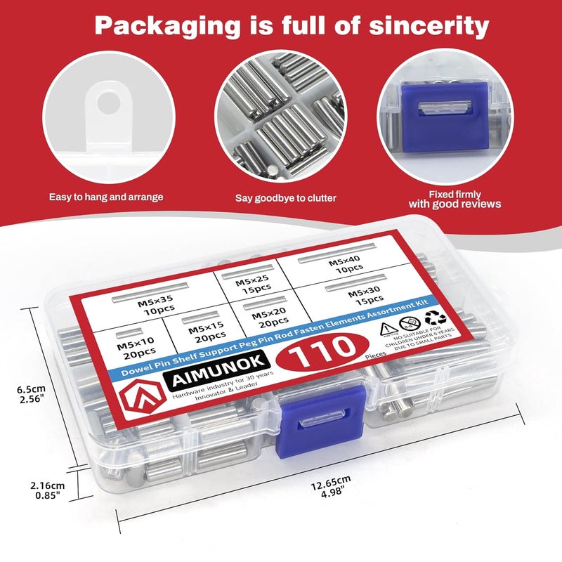 AIMUNOK 110Pcs Dowel Pins Shelf Support Pegs Kit, Stainless Steel Shelf Support Pin Fasten Elements Assortment Set M5 x 10/15/20/25/30/35/40mm, Metal Cabinet Shelf Pins Kit - Image 5
